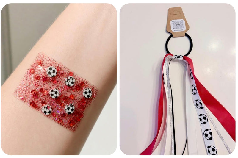 Soccer glitter hair gel and ribbon pony-o bow pair